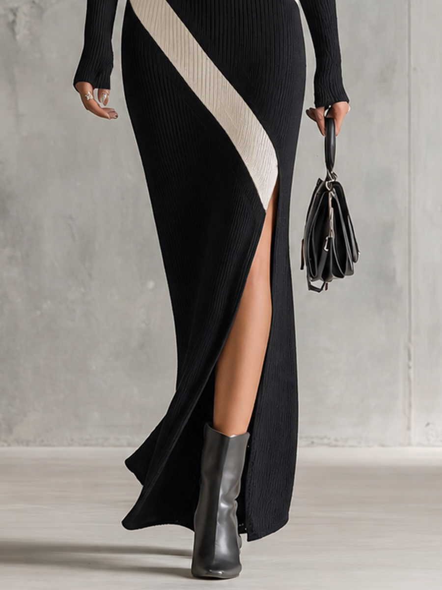Women's Asymmetric Ribbed Black Maxi Dress MDZ0166I6YZJ