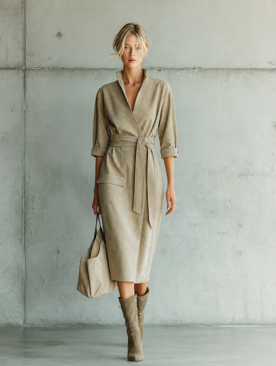 Women's Stand Collar Pocket Beige Wrap Dress MDZ0167I7YZJ