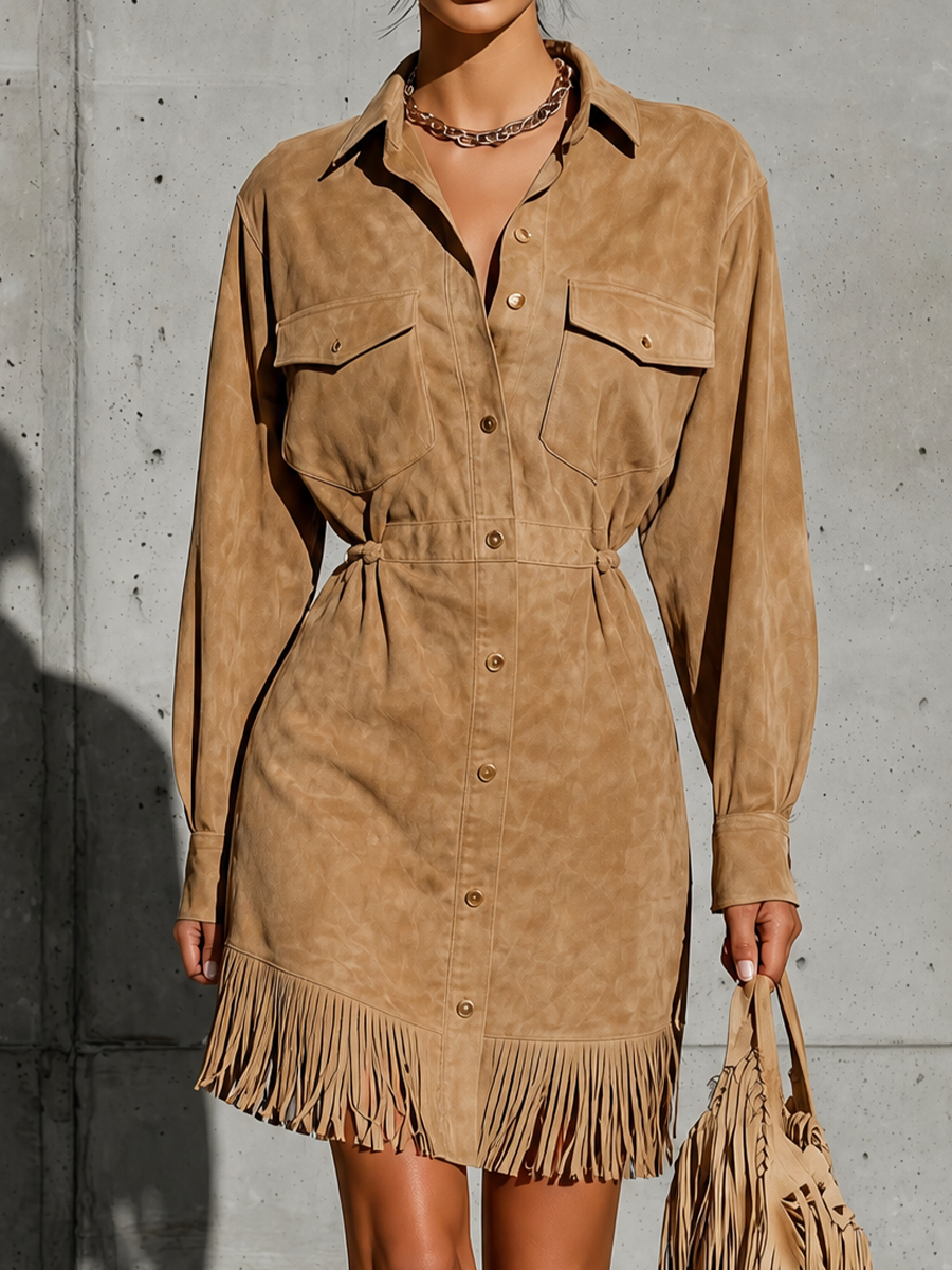 Women's Fringe Hem Tan Shirt Dress MDZ0107I4YZJ