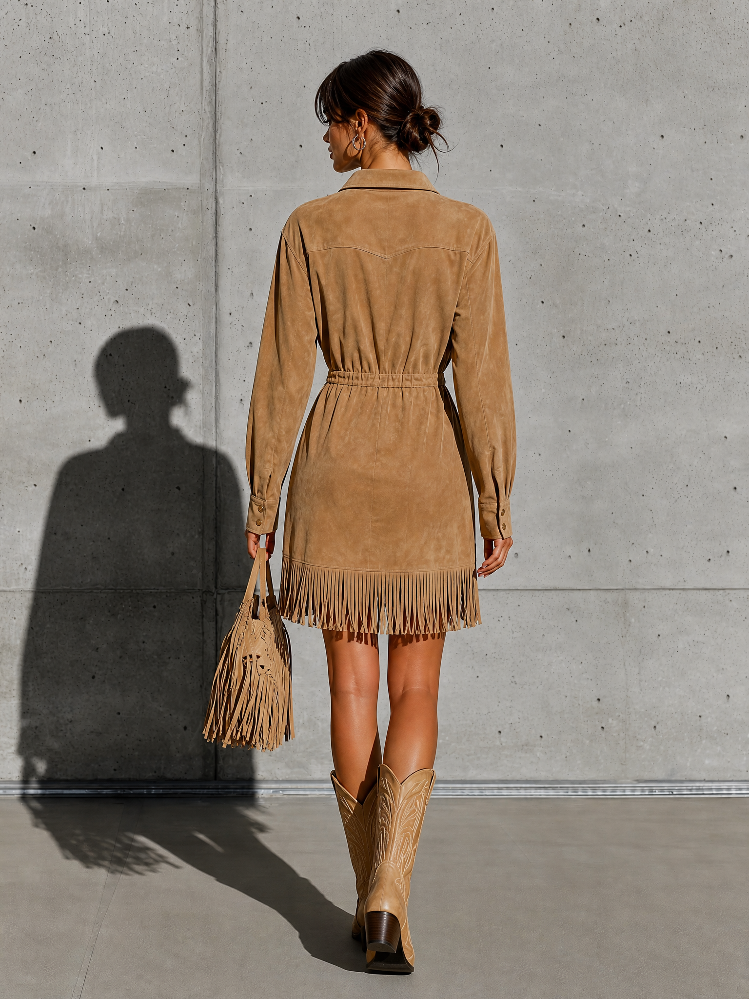 Women's Fringe Hem Tan Shirt Dress MDZ0107I4YZJ