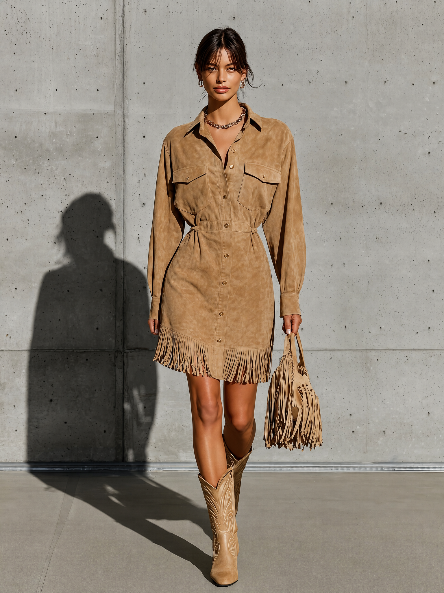 Women's Fringe Hem Tan Shirt Dress MDZ0107I4YZJ
