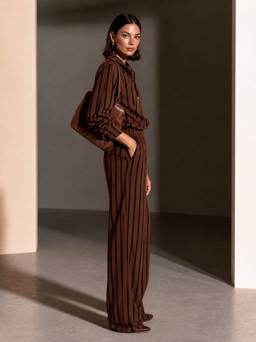 Women's Striped Half-Zip Casual Wide-Leg Pants Set MDZ0151I1GMJ
