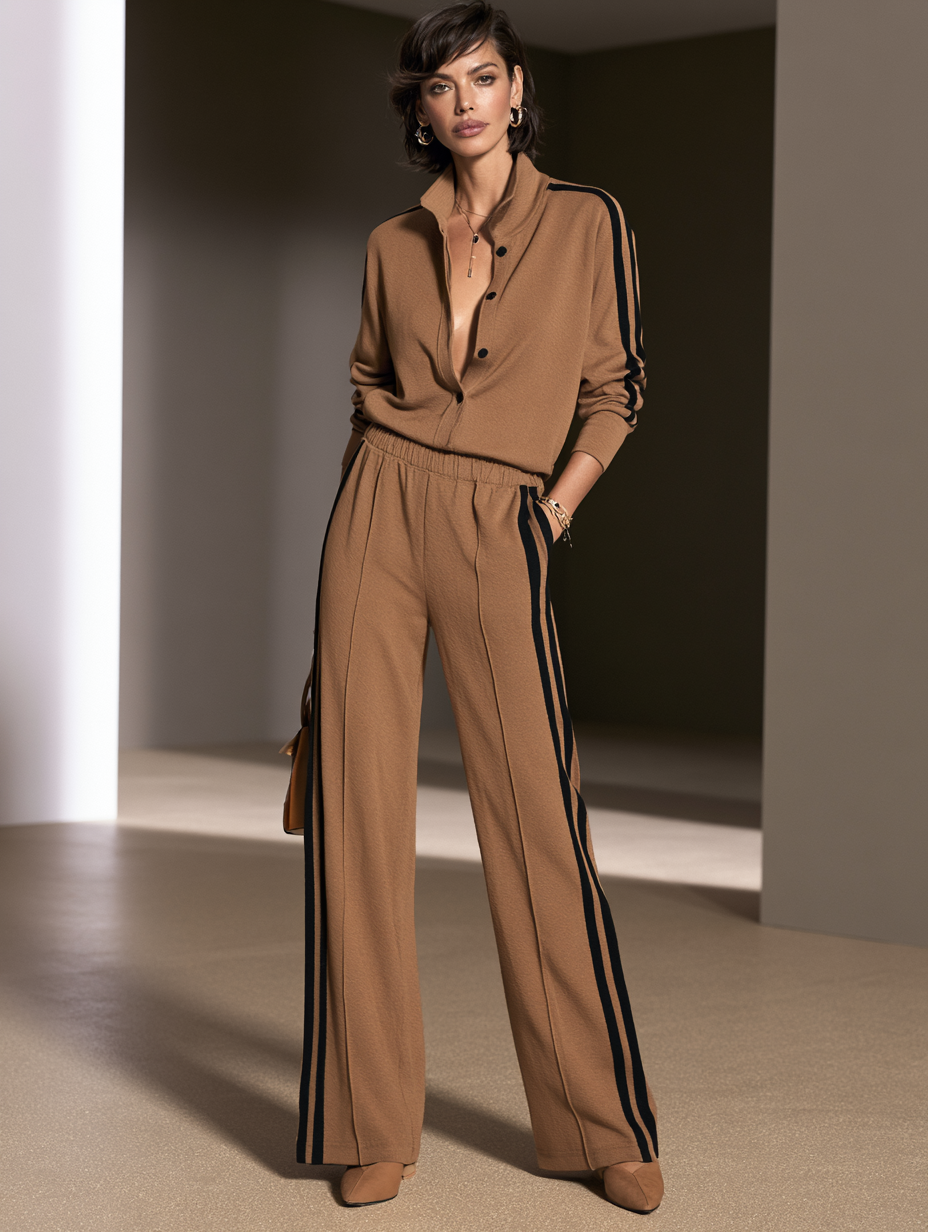 Women's Contrast Stripe Casual Stand Collar Wide-Leg Pants Set MDZ0103I7GMJ