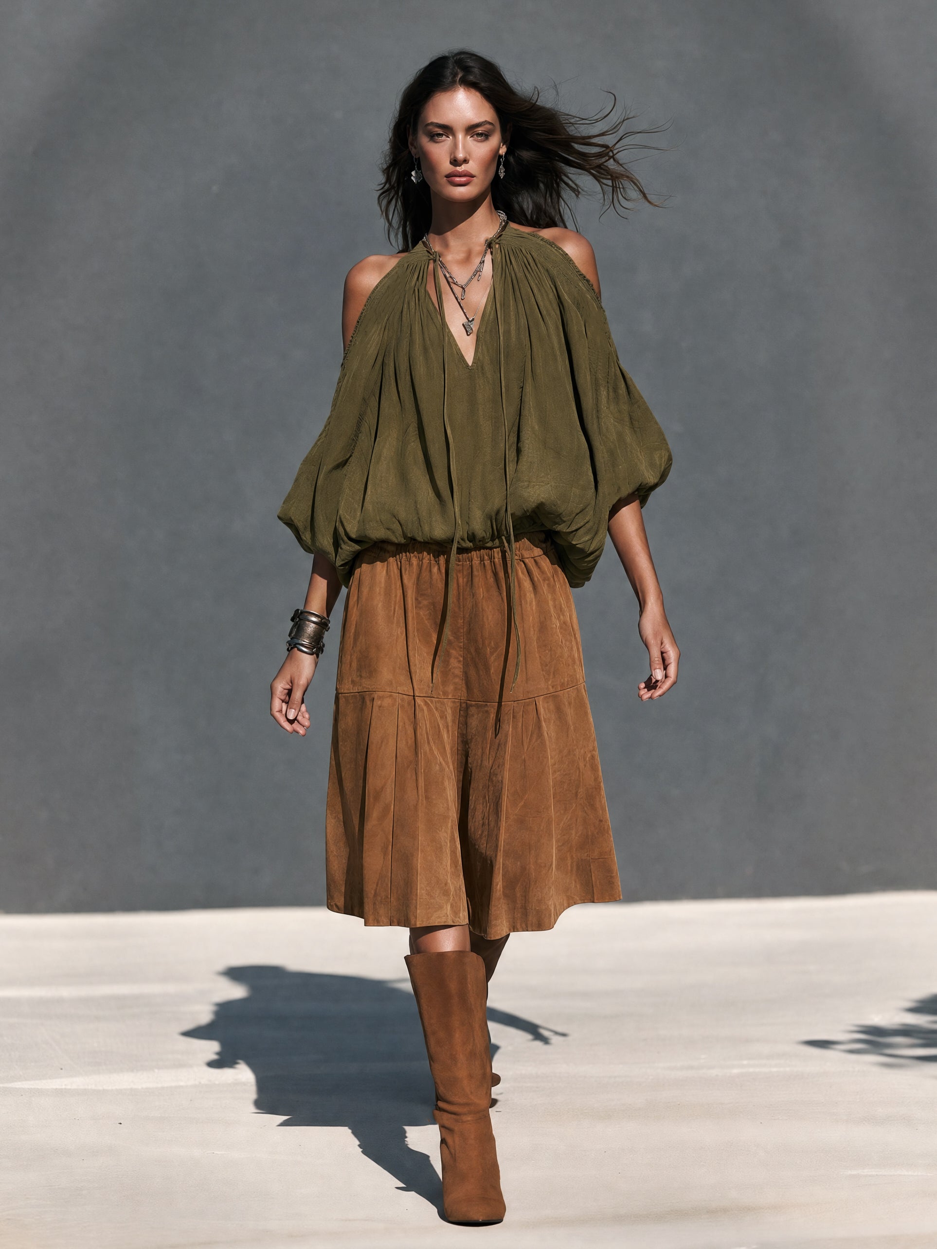 Women's Casual Olive Green Woven Top And A Brown Eco-Suede Skirt Two-Piece Set MDZ0130I7LXY