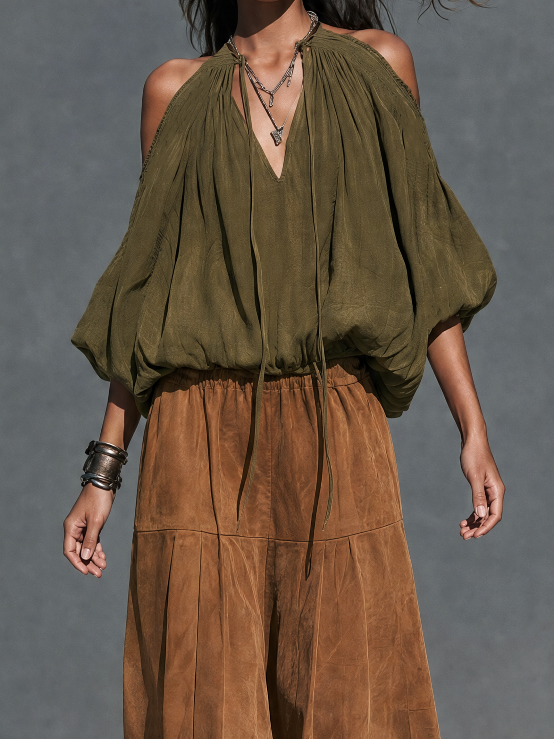 Women's Casual Olive Green Woven Top And A Brown Eco-Suede Skirt Two-Piece Set MDZ0130I7LXY