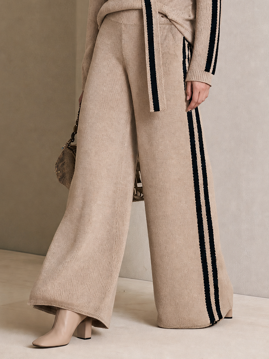 Women's Striped Knit Beige Black Pants Set MDZ0144I6YZJ
