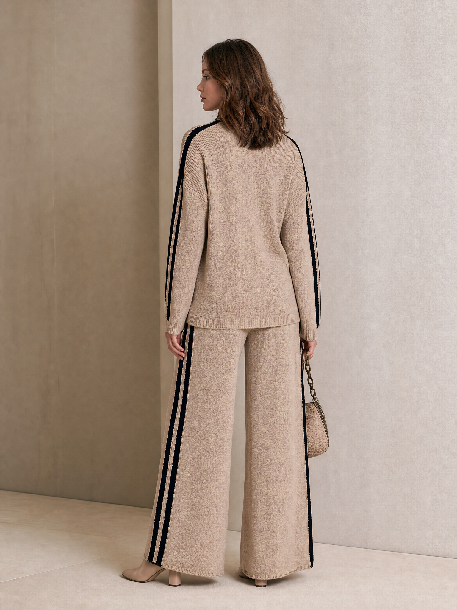Women's Striped Knit Beige Black Pants Set MDZ0144I6YZJ