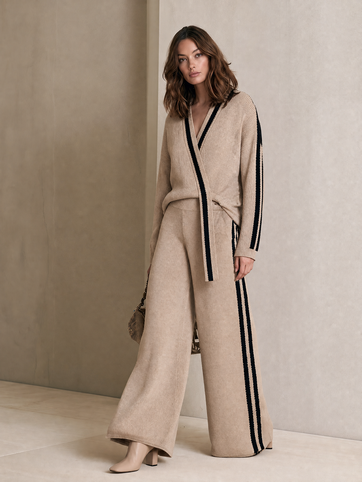 Women's Striped Knit Beige Black Pants Set MDZ0144I6YZJ