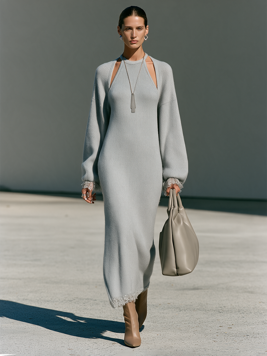 Women's Round-Neck Cutout Drop-Shoulder Balloon-Sleeve Lace-Trim Wool-Knit Maxi Dress MDZ0194I3CMX