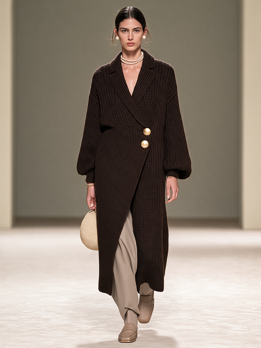 Women's Peak-Lapel Two-Button Drop-Shoulder Balloon-Sleeve Wool-Knit Long Coat MDZ0170I0CMX