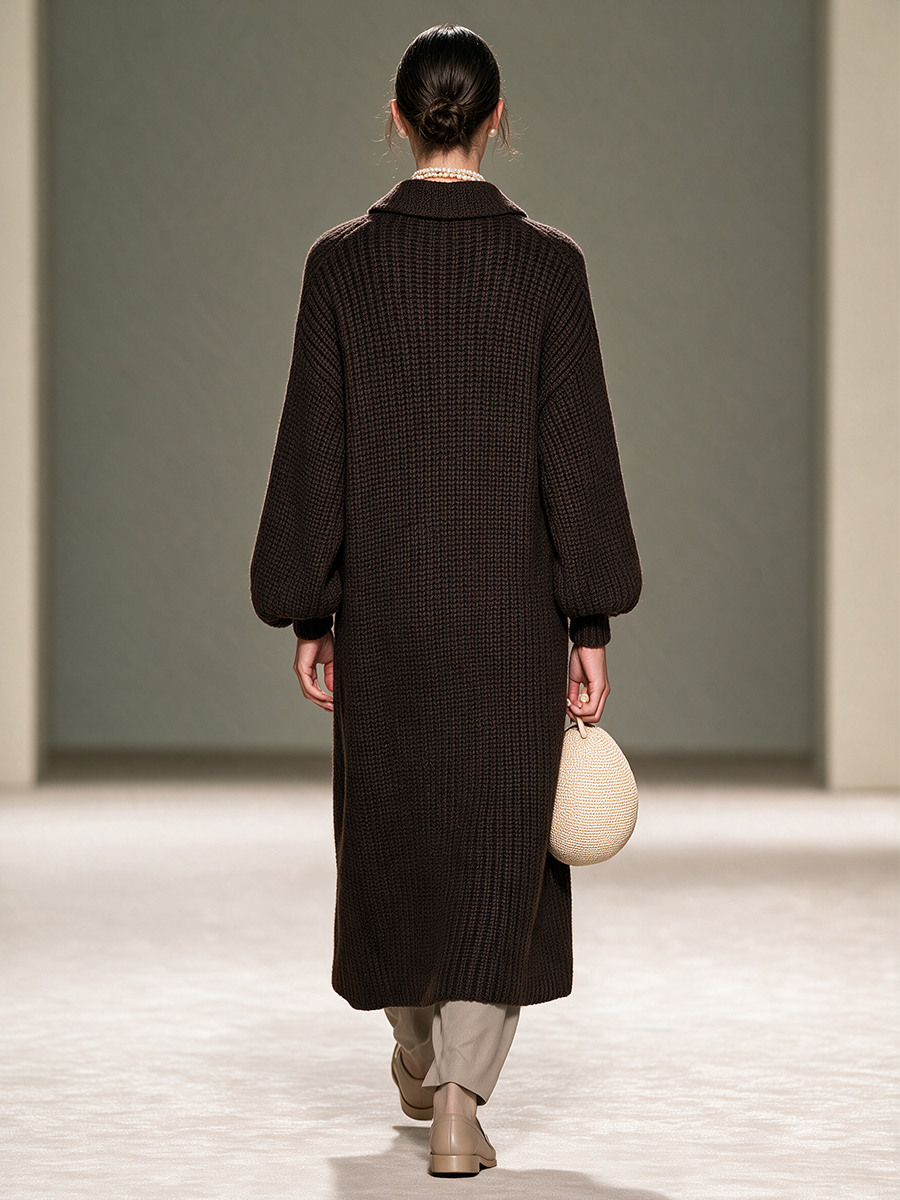 Women's Peak-Lapel Two-Button Drop-Shoulder Balloon-Sleeve Wool-Knit Long Coat MDZ0170I0CMX