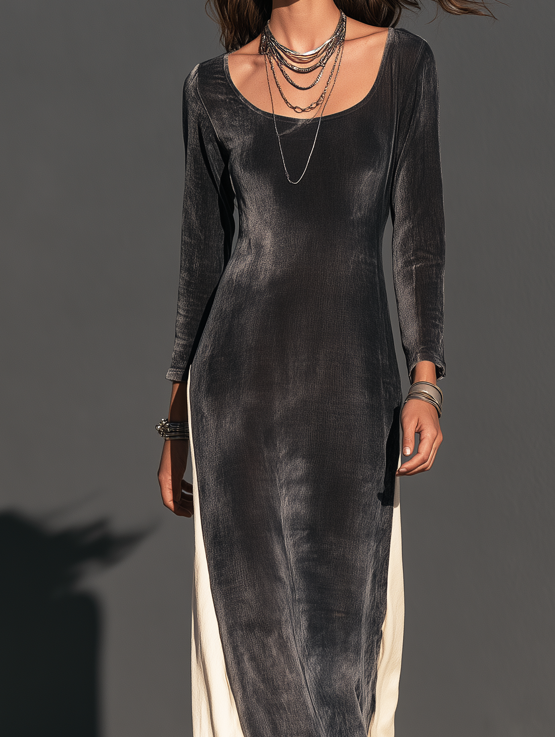 Women's Casual Long-Sleeve Maxi Dress In Dark Gray And White Color-Block Velvet MDZ0172I0LXY