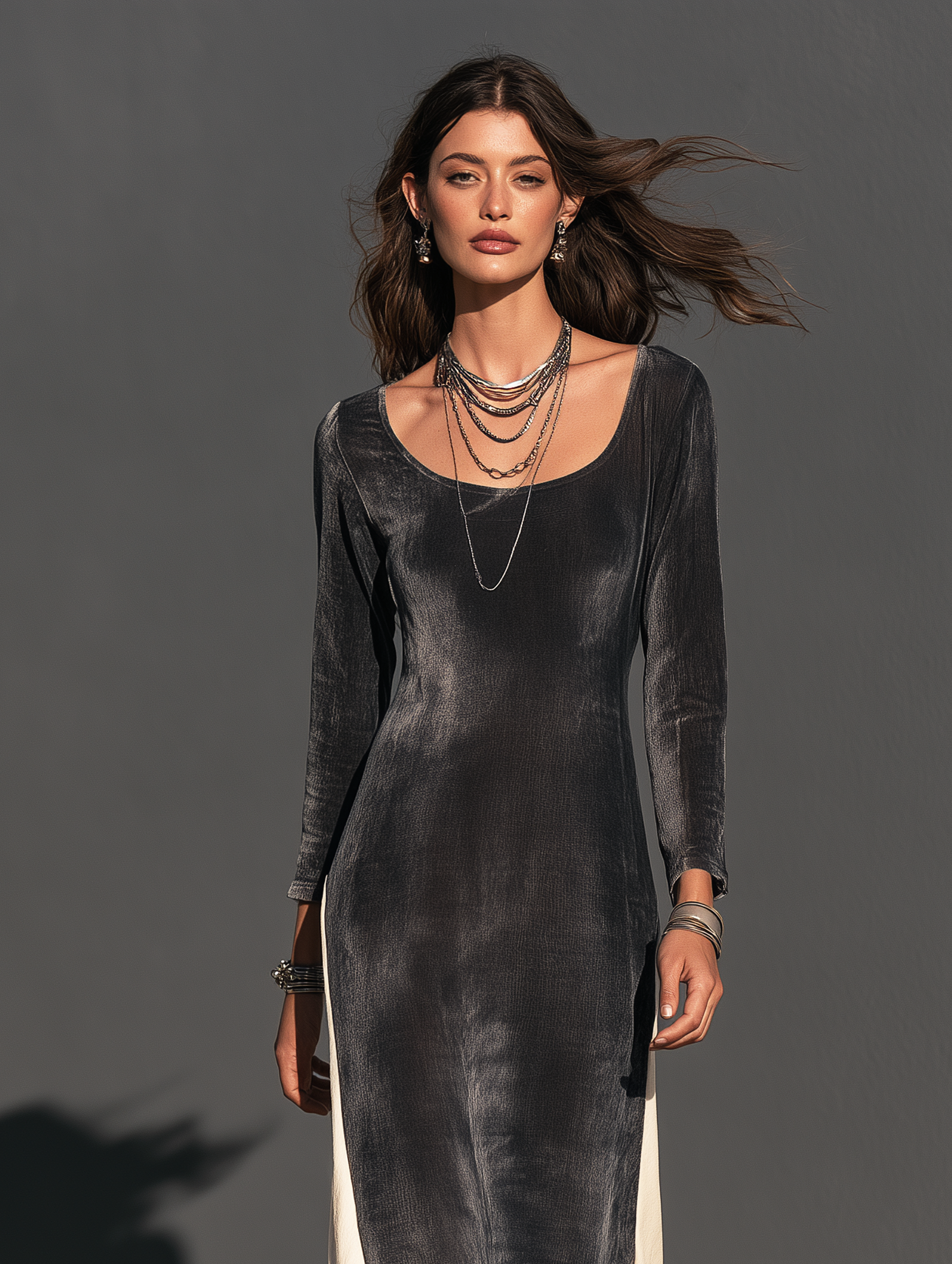 Women's Casual Long-Sleeve Maxi Dress In Dark Gray And White Color-Block Velvet MDZ0172I0LXY