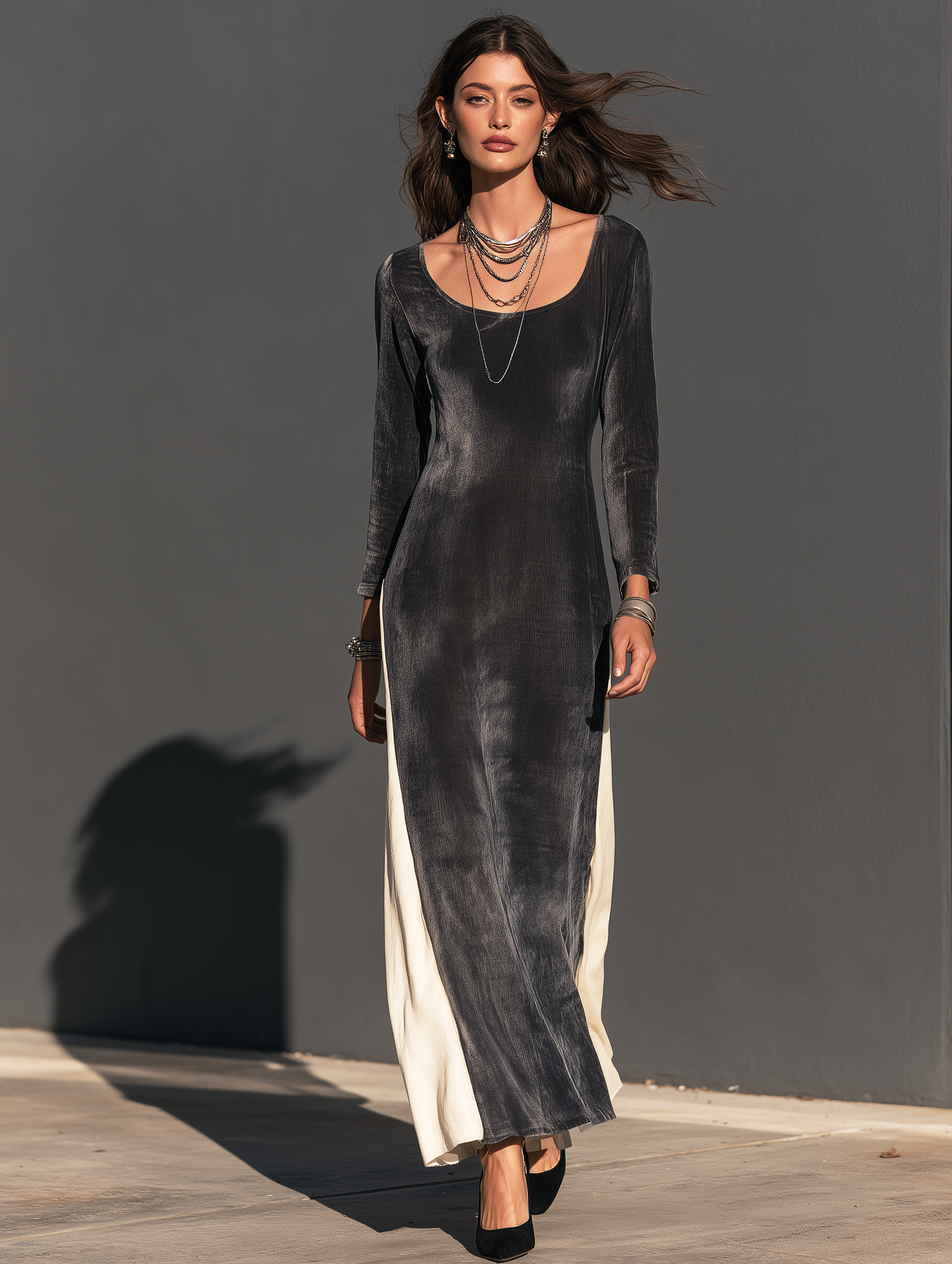 Women's Casual Long-Sleeve Maxi Dress In Dark Gray And White Color-Block Velvet MDZ0172I0LXY