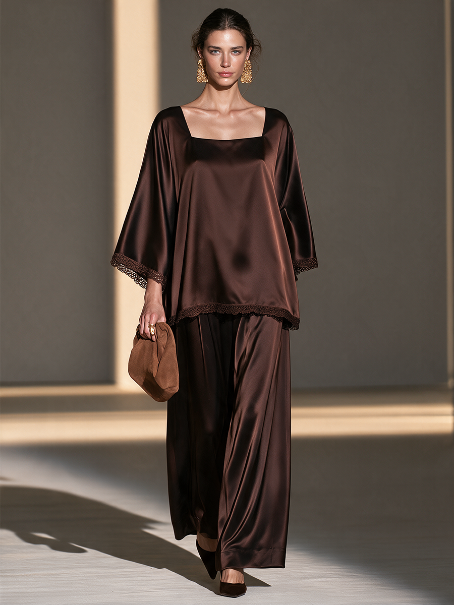 Women's Square-Neck Lace-Trim Long-Sleeve Top And Wide-Leg Pants Set MDZ0127I1CMX