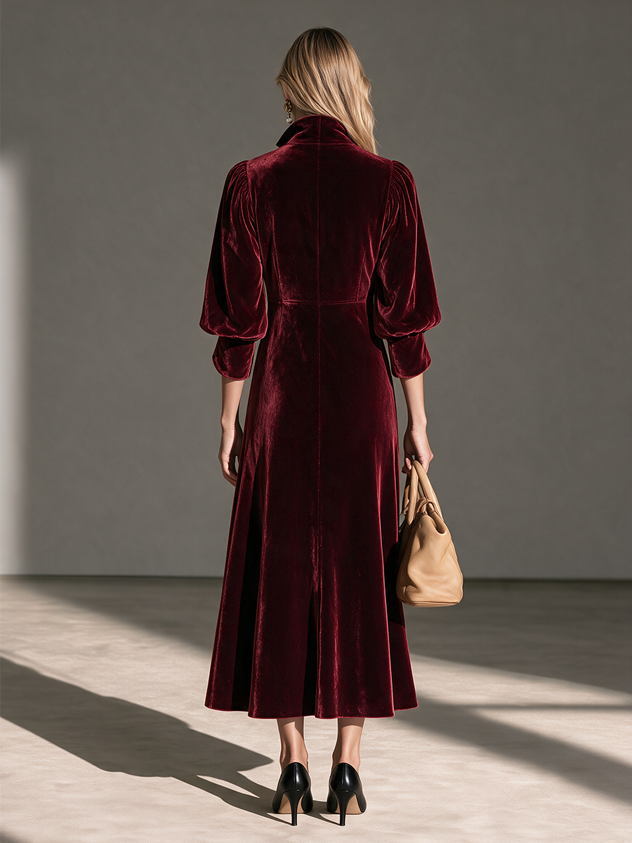 Women's Collared Half-Zip Balloon-Sleeve Belted Velvet Maxi Dress MDZ0168I7CMX
