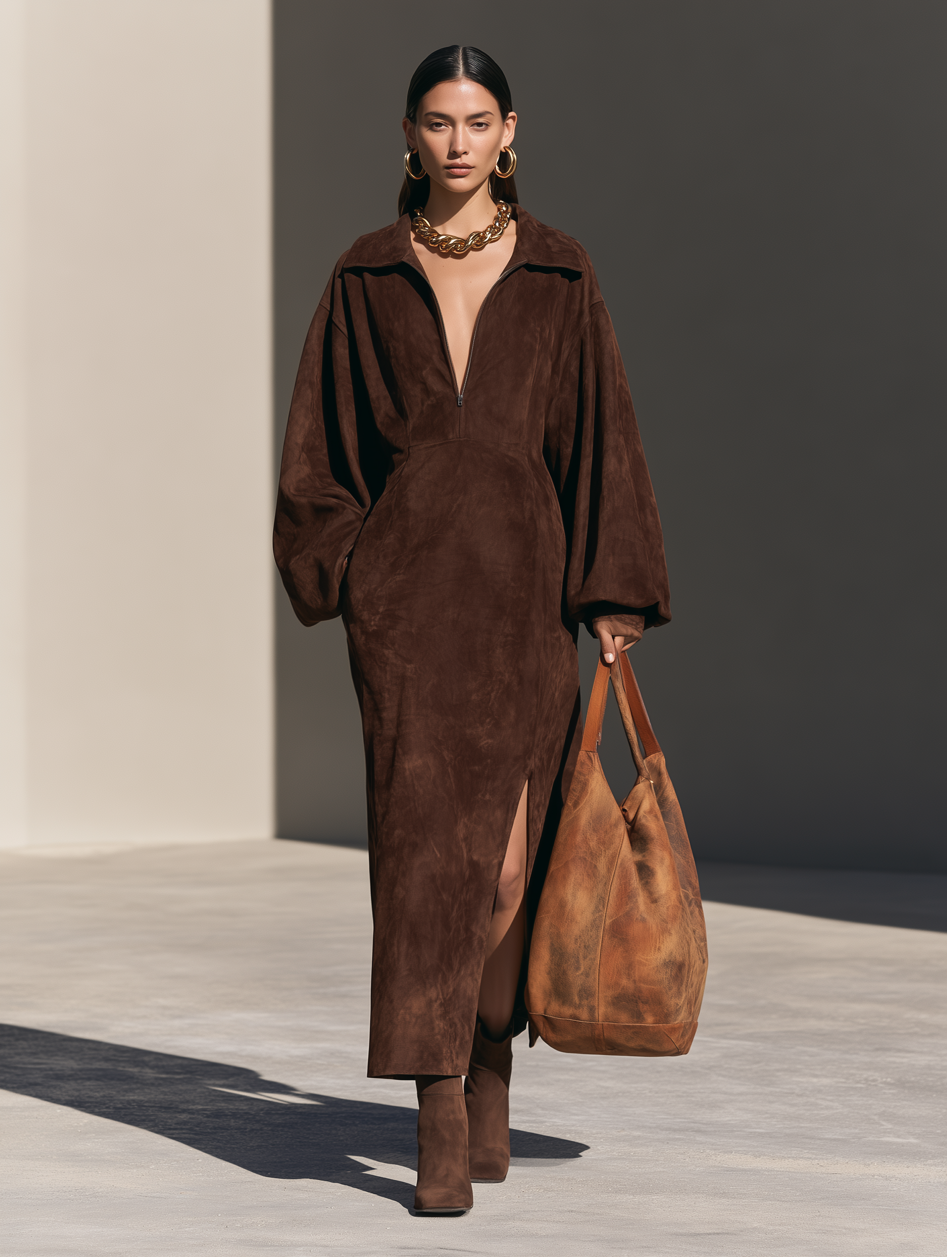 Women's Collared Half-Zip Drop-Shoulder Balloon-Sleeve Slit Faux-Suede Maxi Dress MDZ0150I8CMX