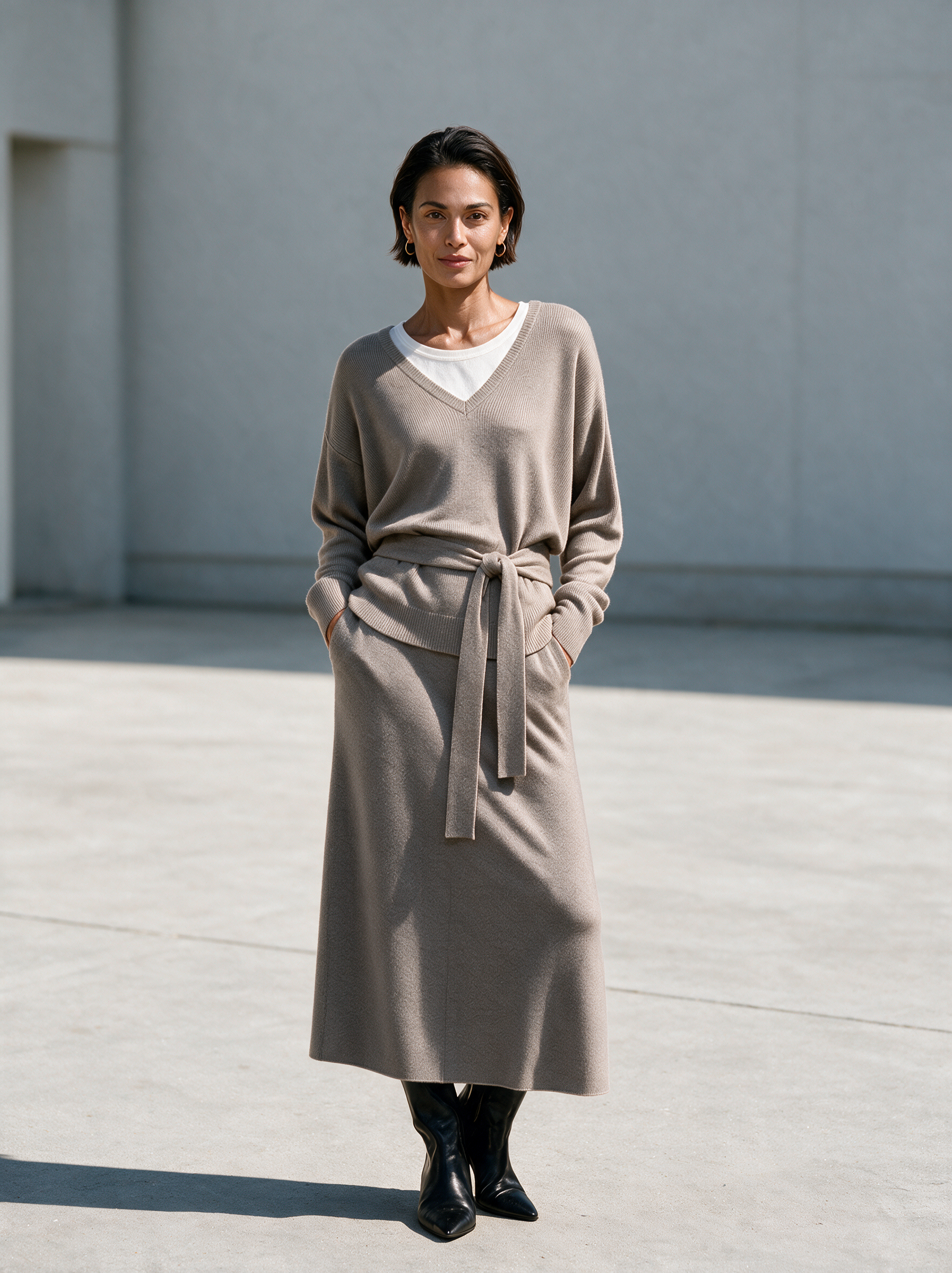 Women's V‑Neck Tie‑Waist Knit Top & A‑Line Knit Midi Skirt Set MDZ0261I8R