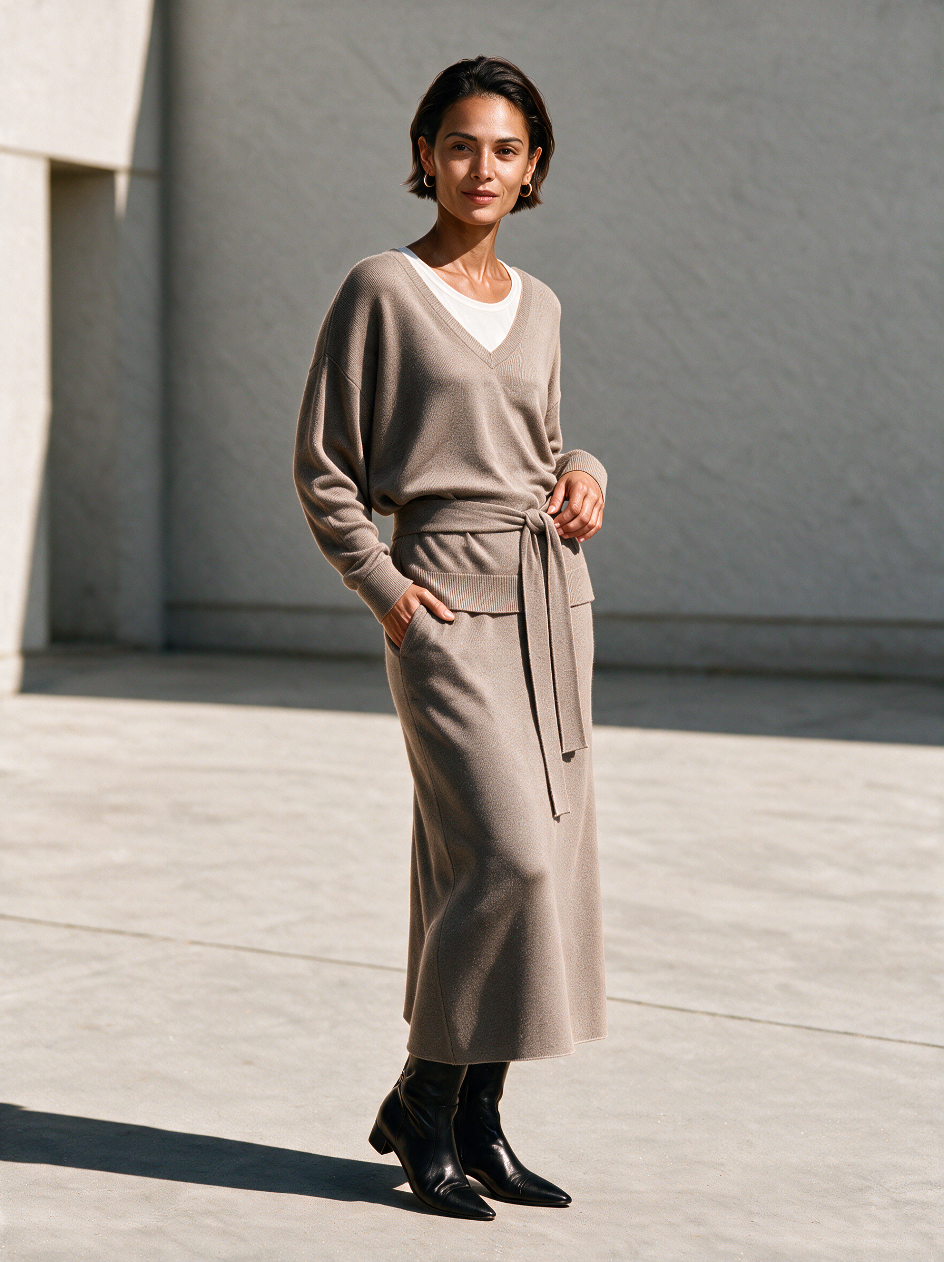 Women's V‑Neck Tie‑Waist Knit Top & A‑Line Knit Midi Skirt Set MDZ0261I8R