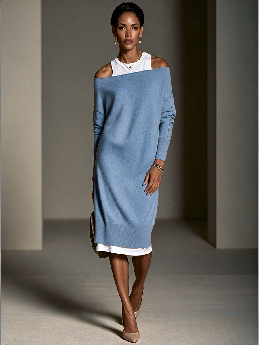 Women's Contrast Faux-Layered Elegant Knit Midi Dress MDZ0274I3GMJ