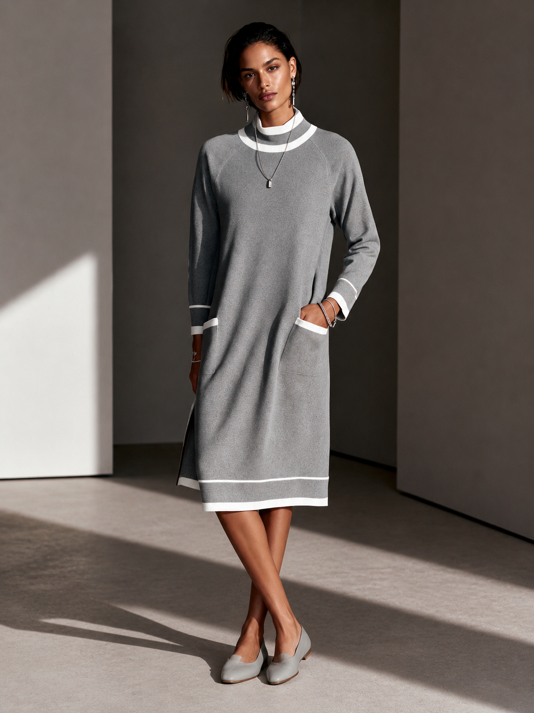 Women's Color-Blocked Trim Elegant Knitted High-Neck Midi Dress MDZ0282I0GMJ
