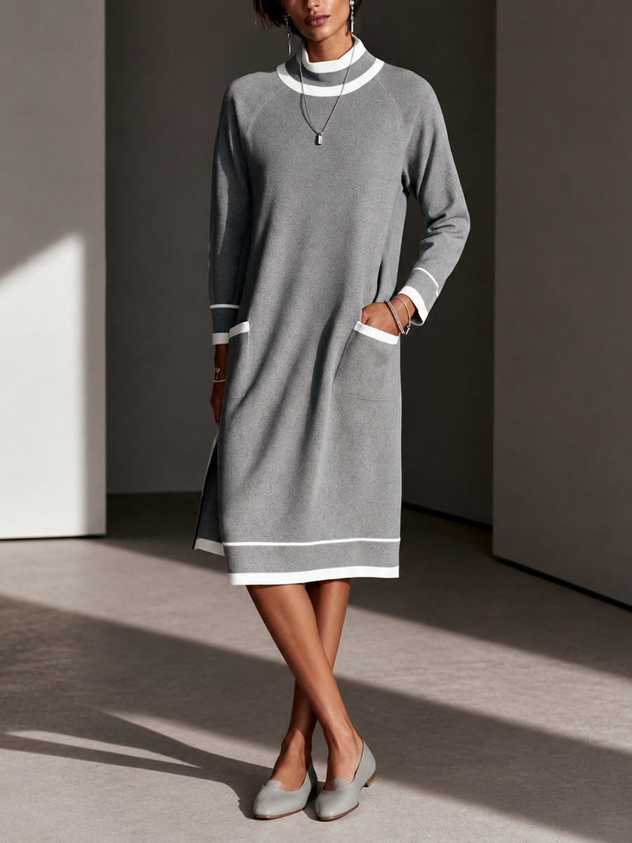 Women's Color-Blocked Trim Elegant Knitted High-Neck Midi Dress MDZ0282I0GMJ