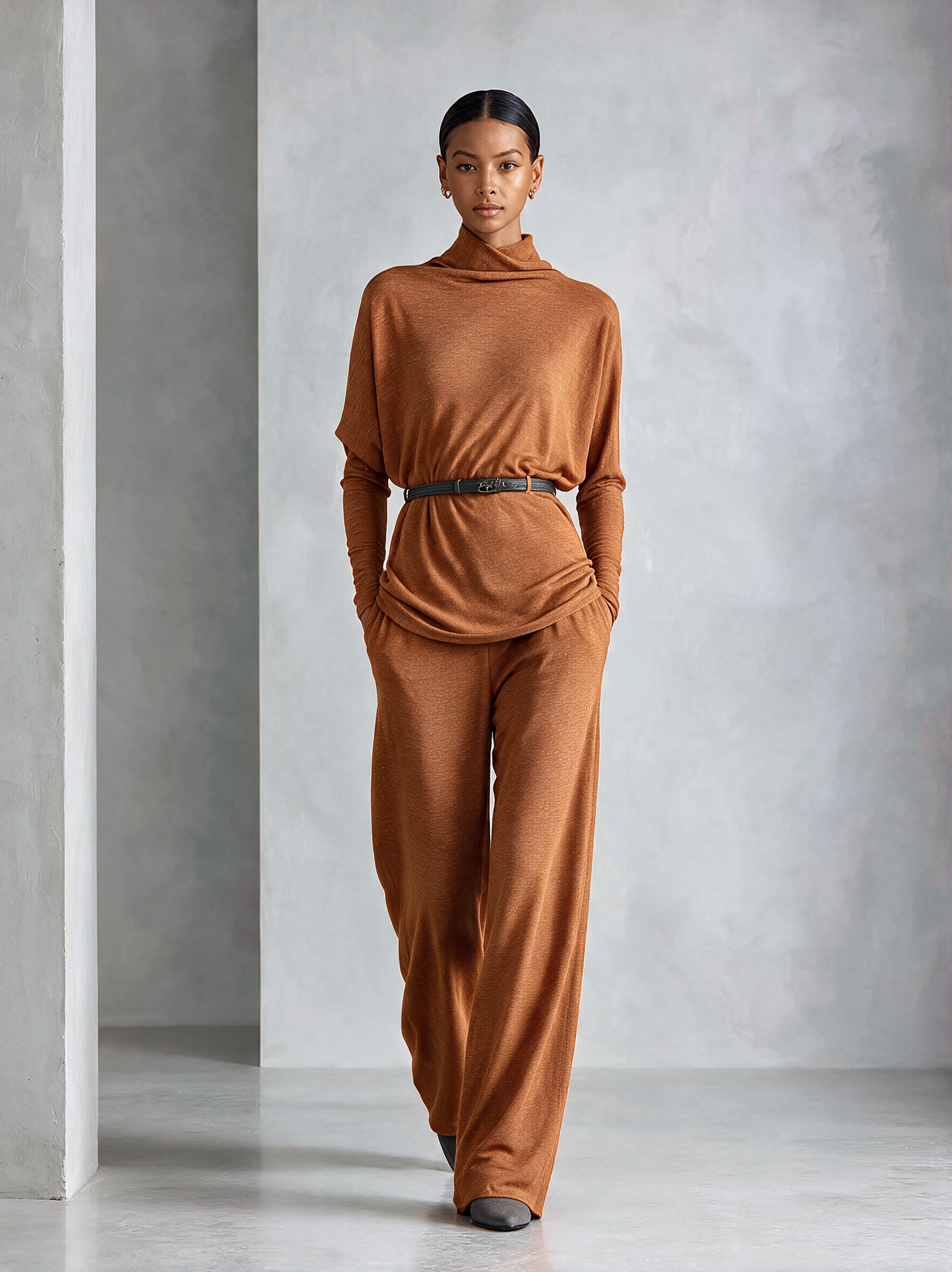 Women's Turtleneck Relaxed‑Fit Knit Top & Draping Wide‑Leg Trousers Set MDZ0238I7R