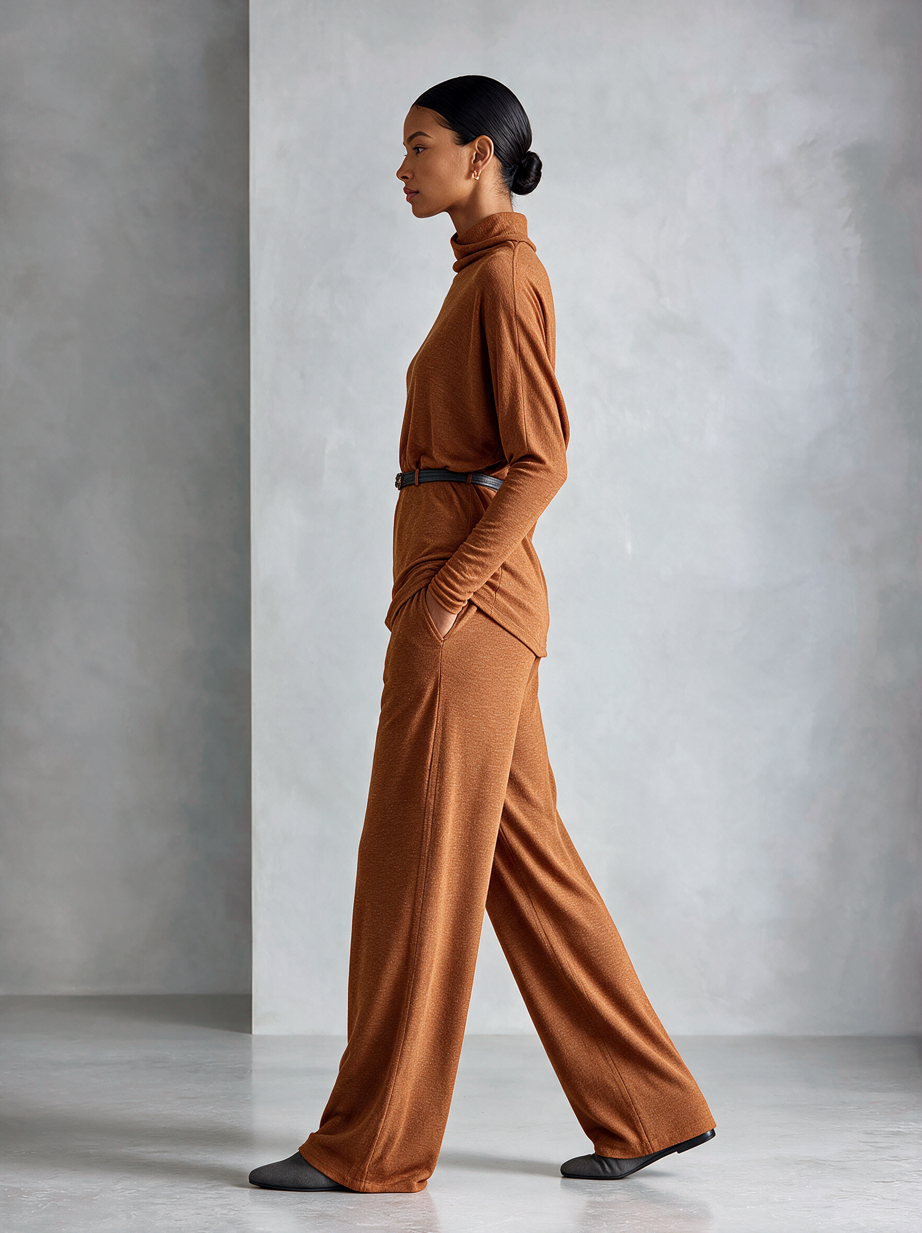 Women's Turtleneck Relaxed‑Fit Knit Top & Draping Wide‑Leg Trousers Set MDZ0238I7R