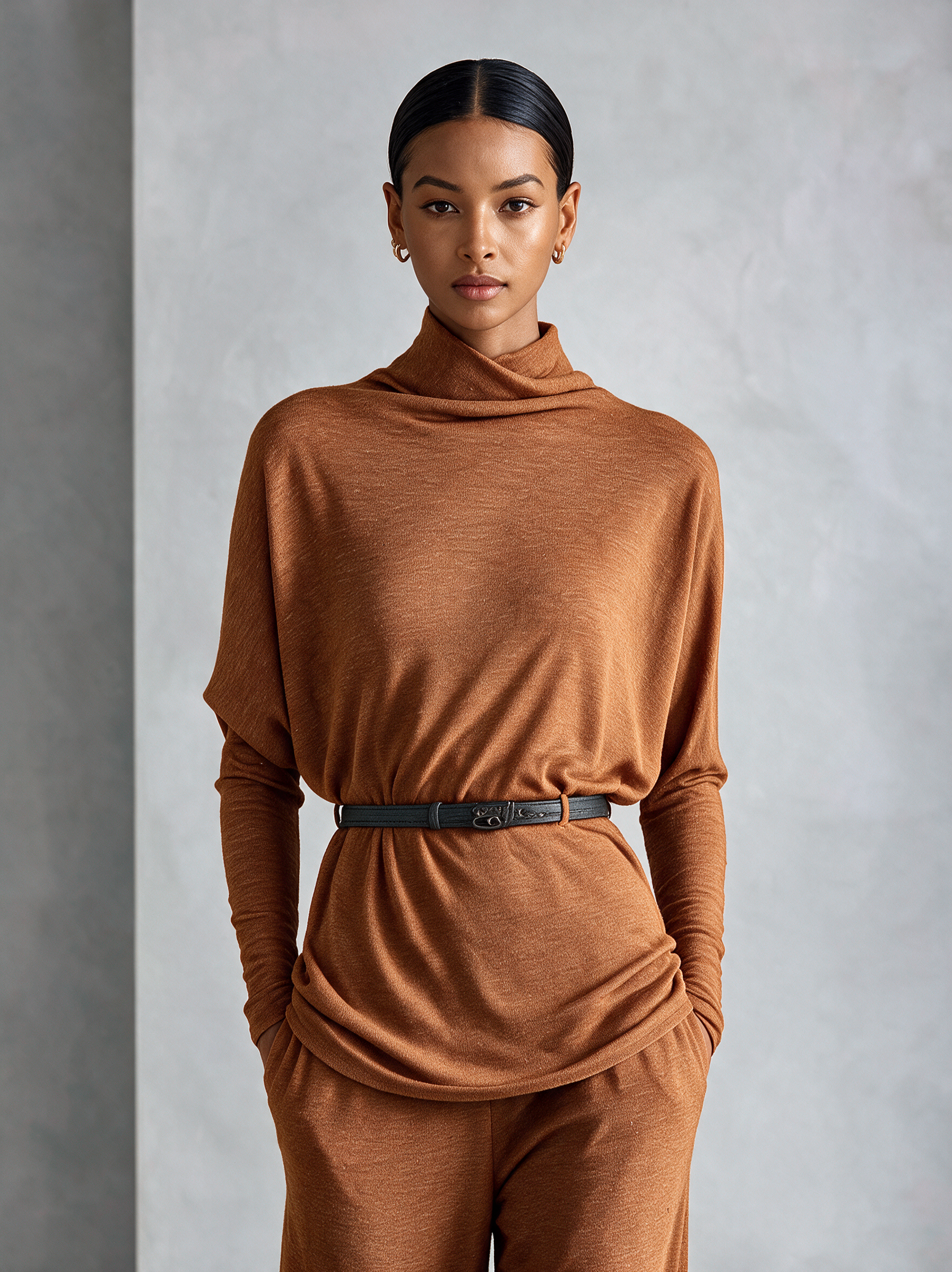 Women's Turtleneck Relaxed‑Fit Knit Top & Draping Wide‑Leg Trousers Set MDZ0238I7R
