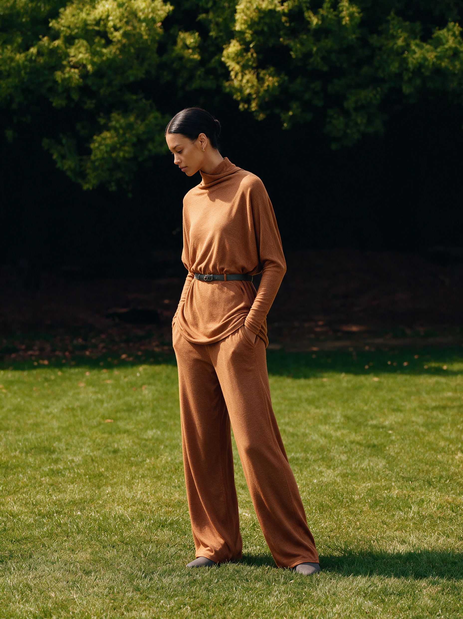 Women's Turtleneck Relaxed‑Fit Knit Top & Draping Wide‑Leg Trousers Set MDZ0238I7R