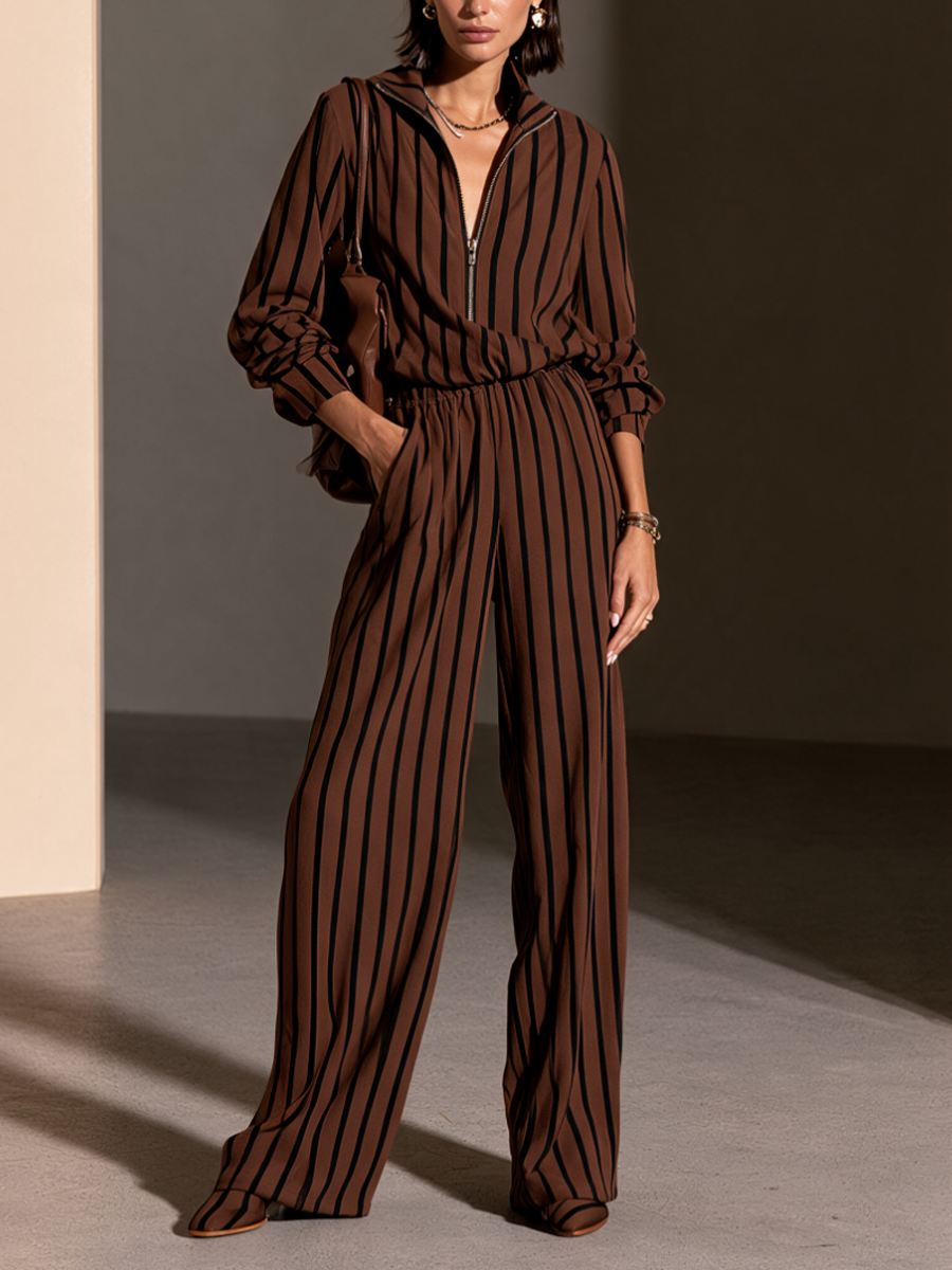 Women's Striped Half-Zip Casual Wide-Leg Pants Set MDZ0151I1GMJ
