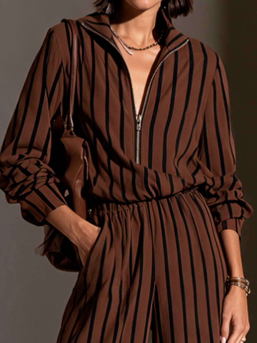 Women's Striped Half-Zip Casual Wide-Leg Pants Set MDZ0151I1GMJ