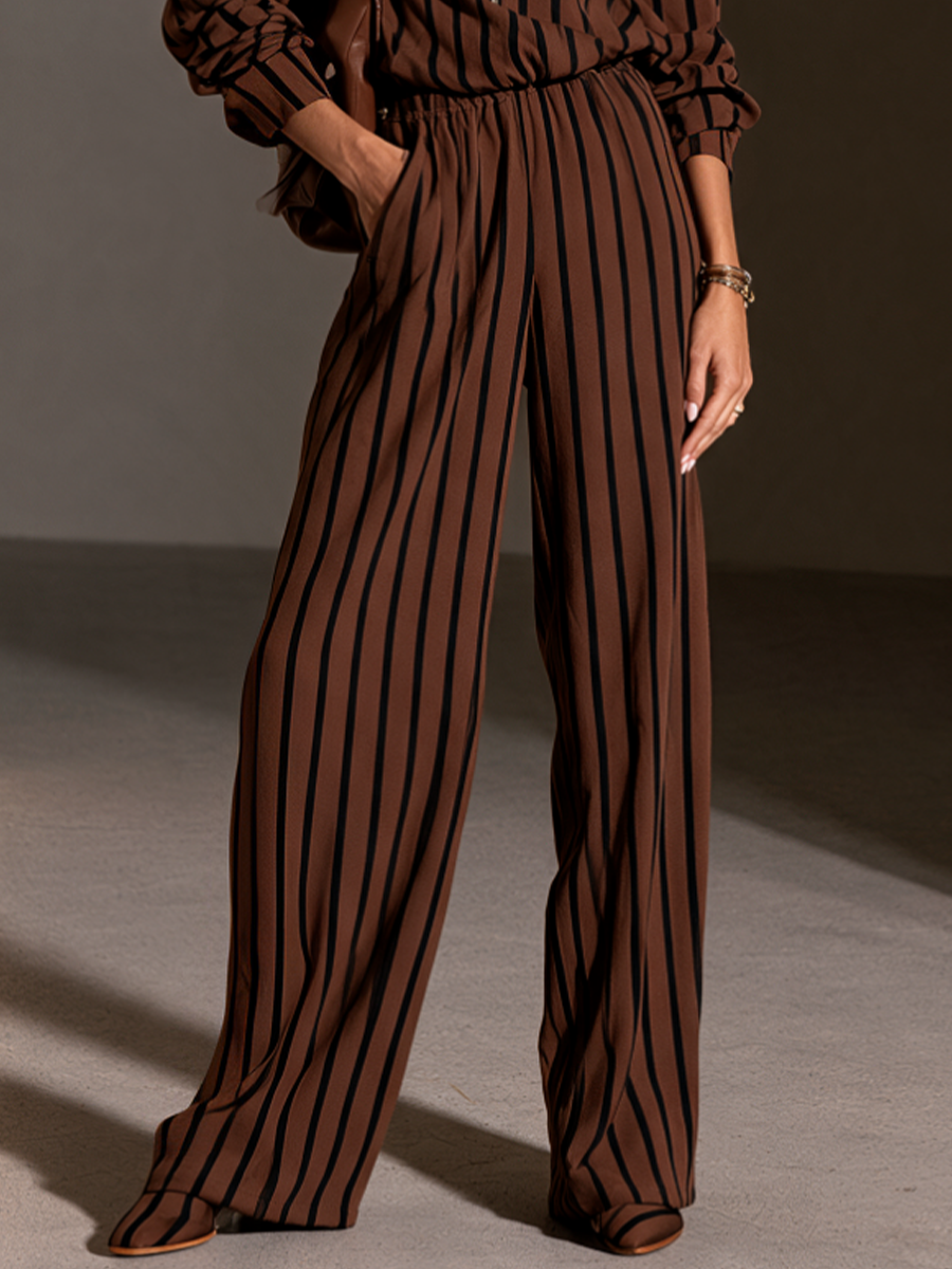 Women's Striped Half-Zip Casual Wide-Leg Pants Set MDZ0151I1GMJ