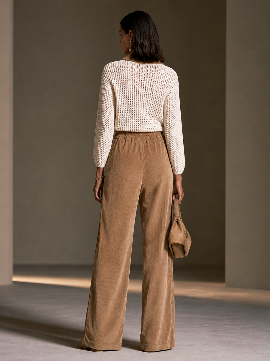 Women's Crochet Panel Casual Knit Wide-Leg Pants Set MDZ0139I3GMJ