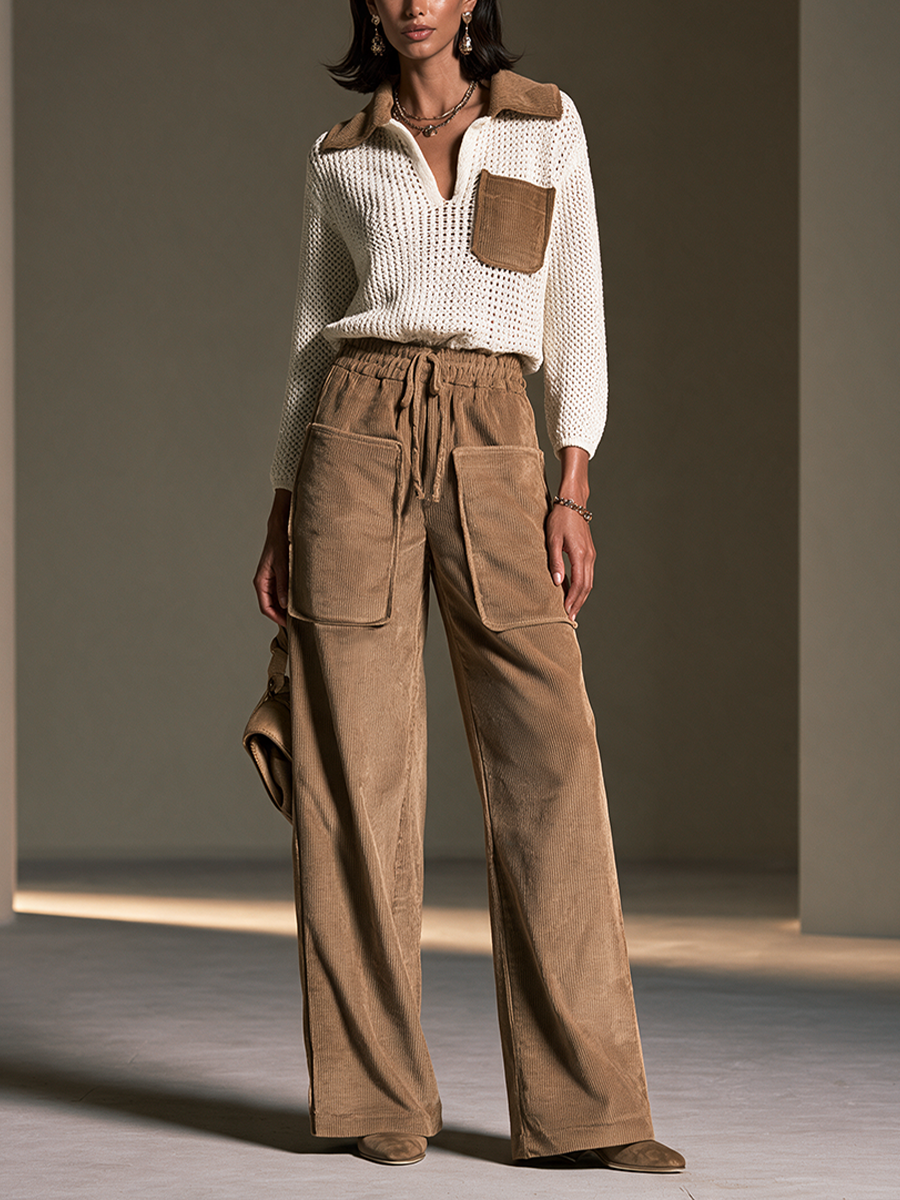 Women's Crochet Panel Casual Knit Wide-Leg Pants Set MDZ0139I3GMJ