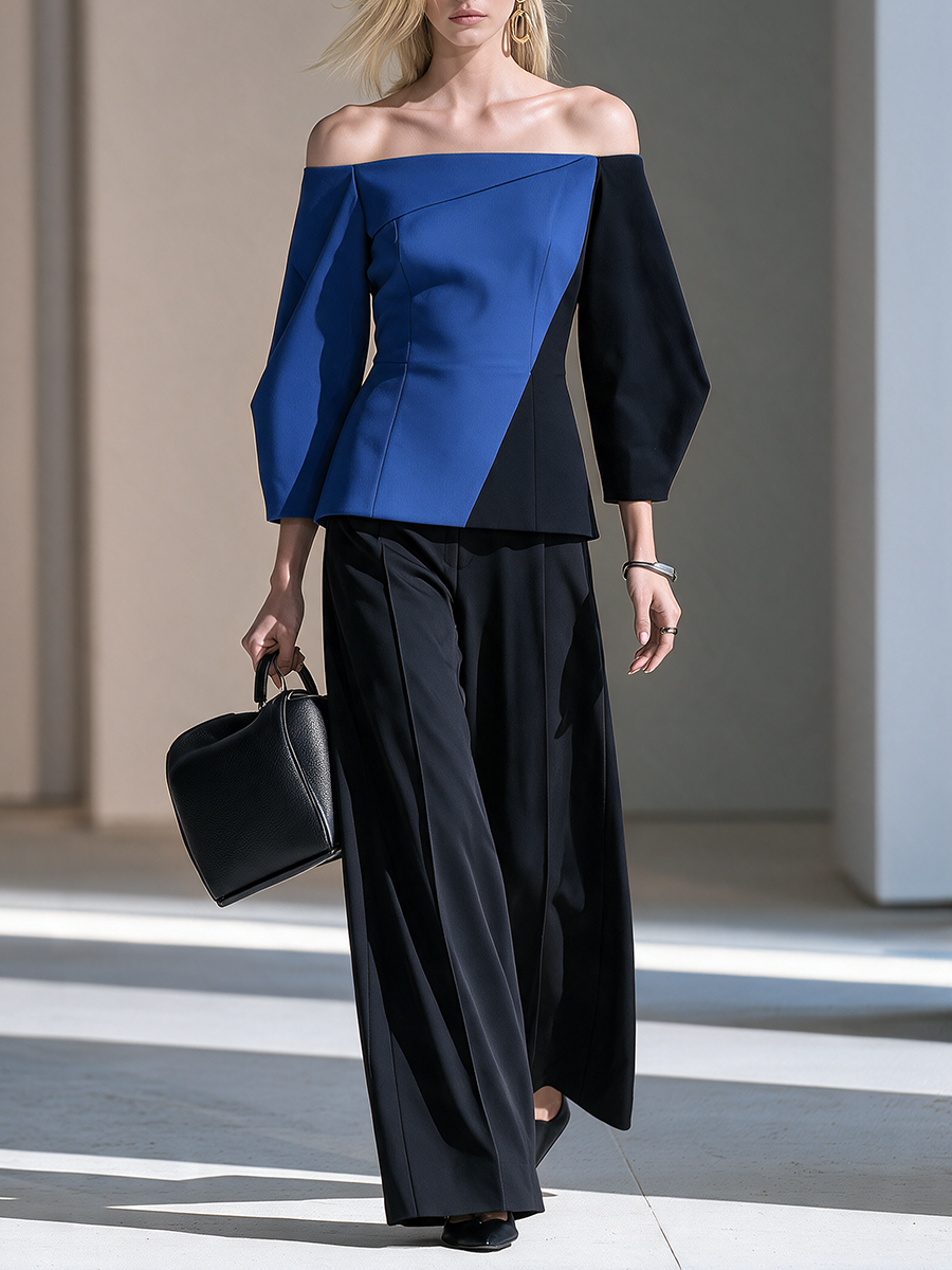 Women's Off-Shoulder Colorblock Three-Quarter Balloon-Sleeve Belted Top And Wide-Leg Pants Set MDZ0255I0CMX