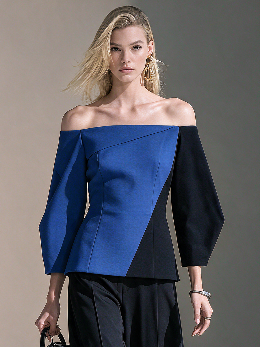 Women's Off-Shoulder Colorblock Three-Quarter Balloon-Sleeve Belted Top And Wide-Leg Pants Set MDZ0255I0CMX