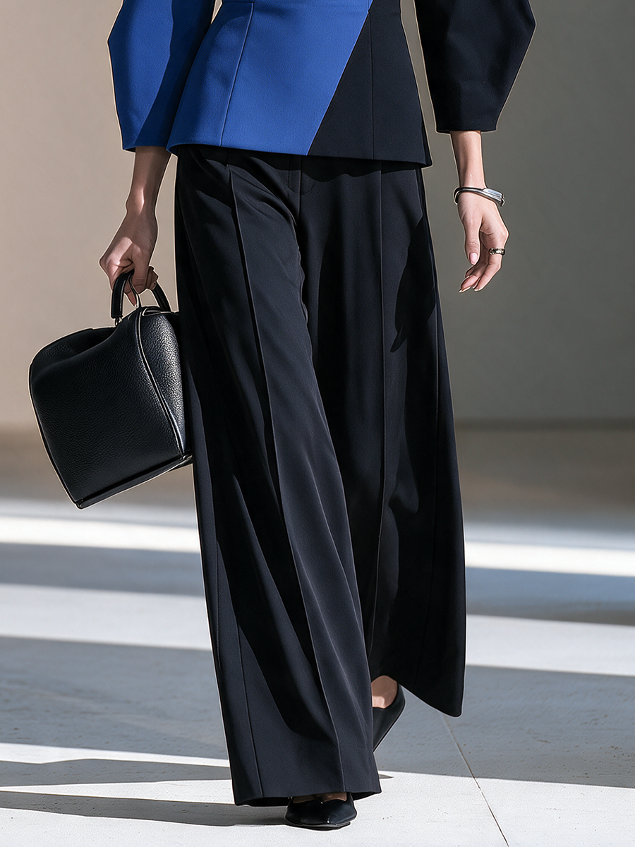 Women's Off-Shoulder Colorblock Three-Quarter Balloon-Sleeve Belted Top And Wide-Leg Pants Set MDZ0255I0CMX