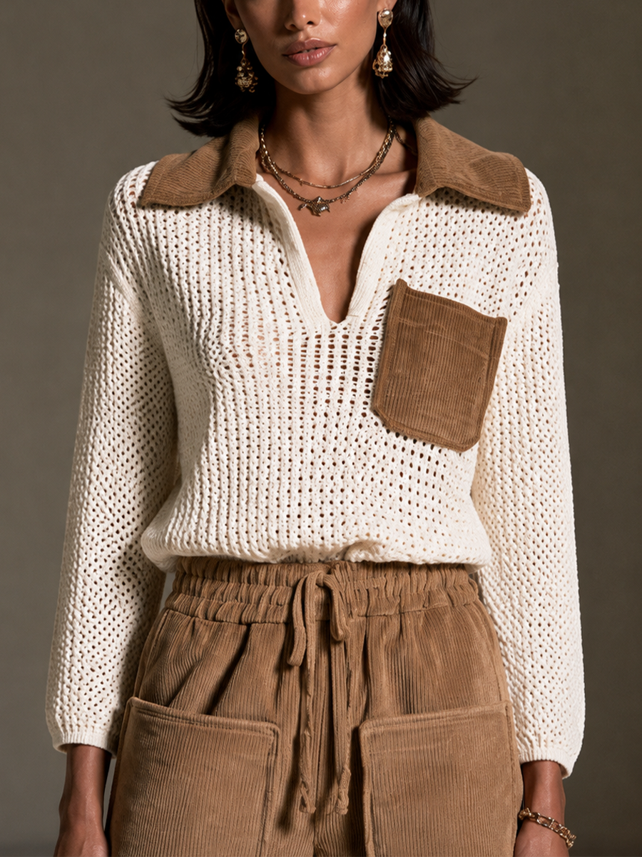 Women's Crochet Panel Casual Collared Top MDZ0119I8GMJ