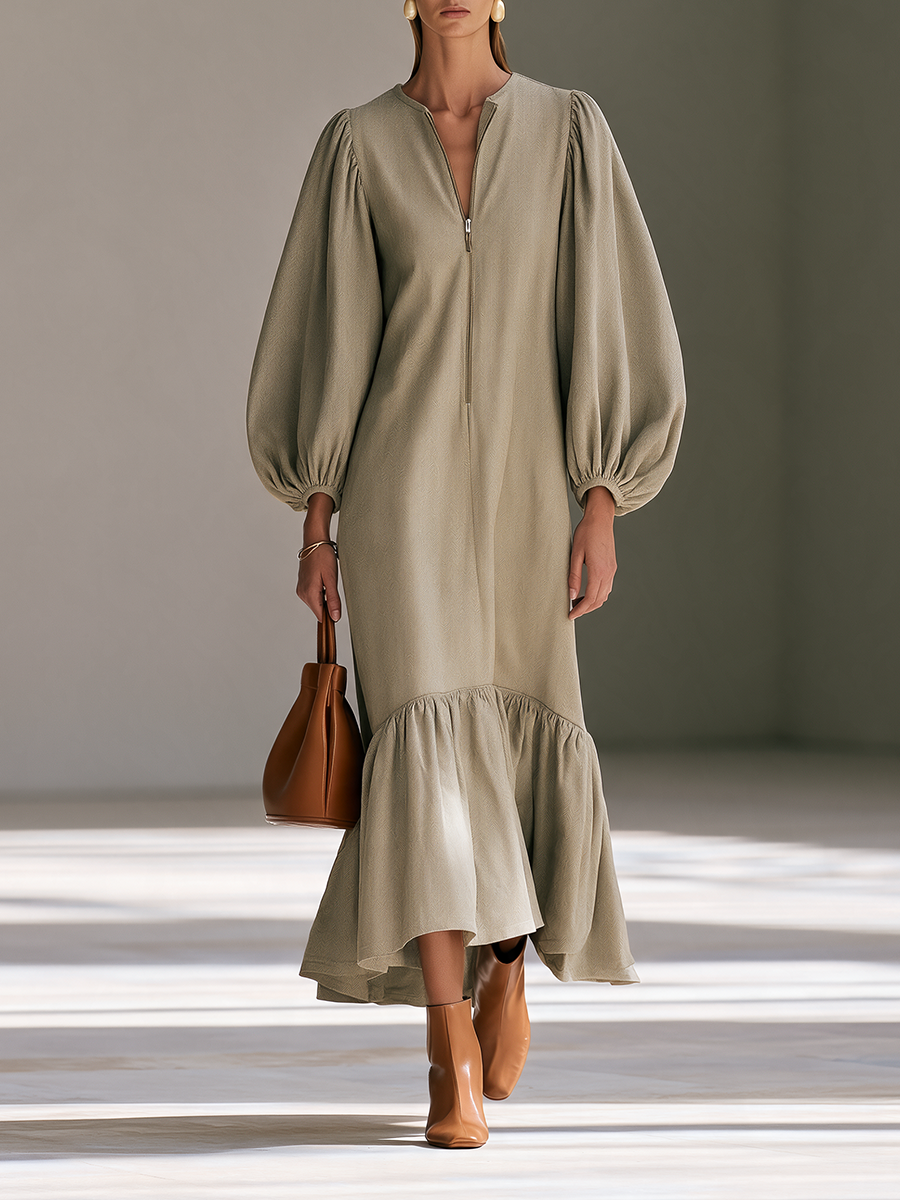 Women's Round-Neck Half-Zip Balloon-Sleeve Ruffle-Hem Maxi Dress MDZ0279I1CMX