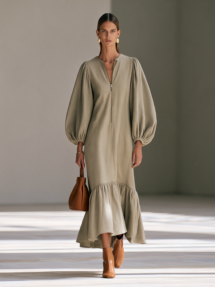 Women's Round-Neck Half-Zip Balloon-Sleeve Ruffle-Hem Maxi Dress MDZ0279I1CMX
