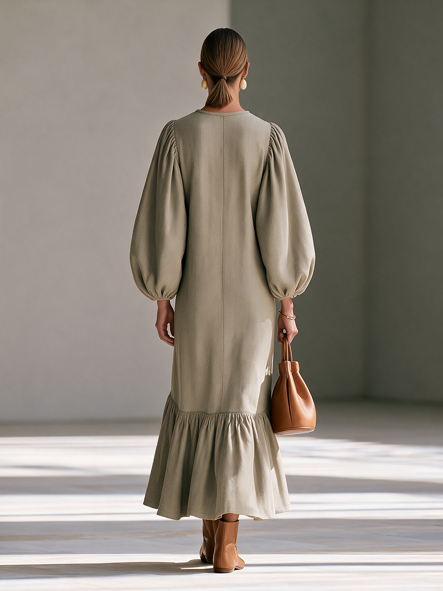 Women's Round-Neck Half-Zip Balloon-Sleeve Ruffle-Hem Maxi Dress MDZ0279I1CMX