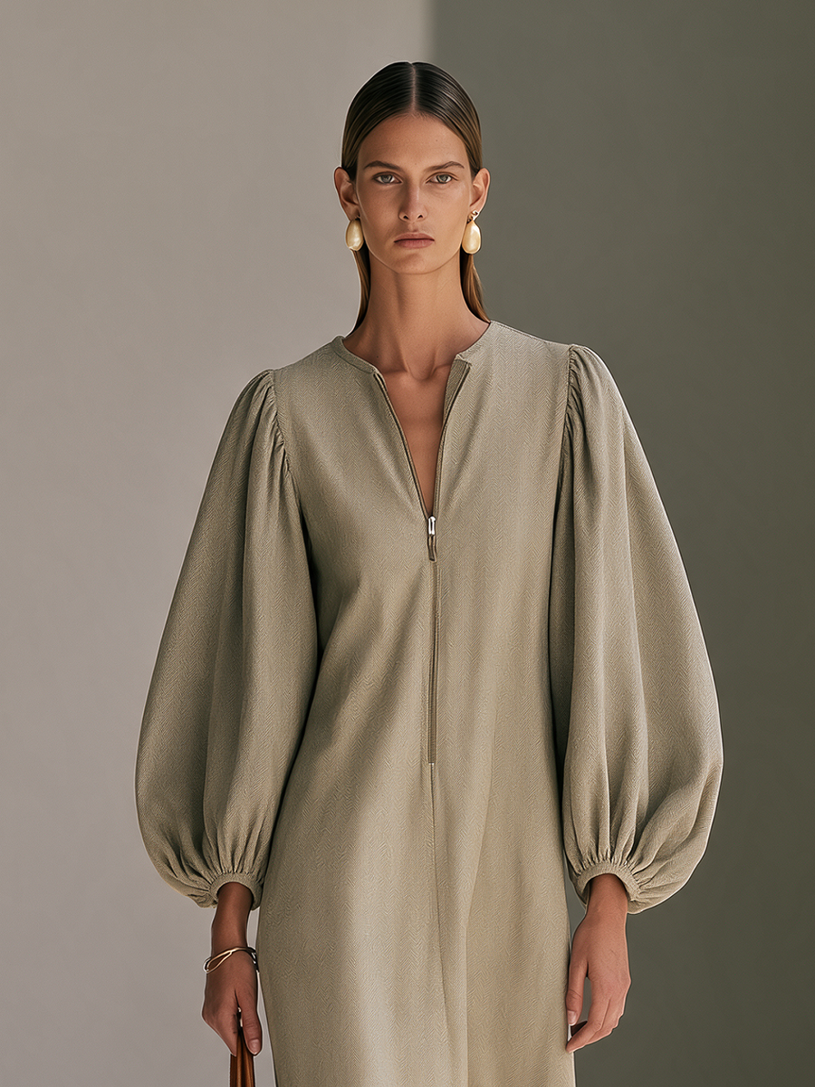 Women's Round-Neck Half-Zip Balloon-Sleeve Ruffle-Hem Maxi Dress MDZ0279I1CMX