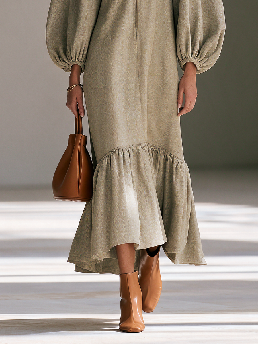 Women's Round-Neck Half-Zip Balloon-Sleeve Ruffle-Hem Maxi Dress MDZ0279I1CMX
