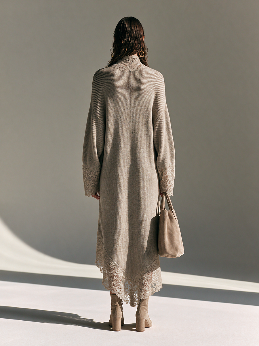 Women's High-Neck Lace-Panel Drop-Shoulder Long-Sleeve Asymmetric-Hem Wool-Knit Maxi Dress MDZ0242I4CMX