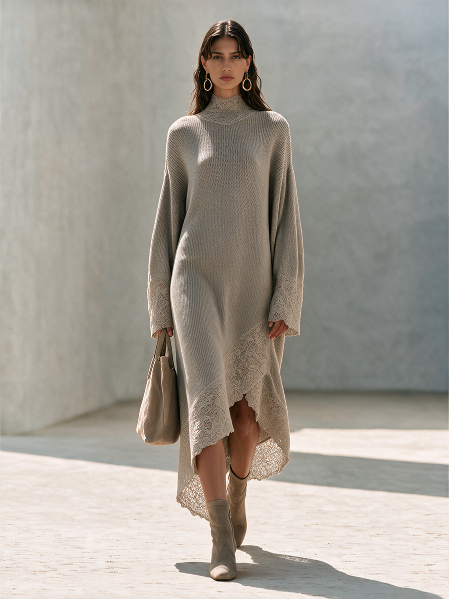 Women's High-Neck Lace-Panel Drop-Shoulder Long-Sleeve Asymmetric-Hem Wool-Knit Maxi Dress MDZ0242I4CMX