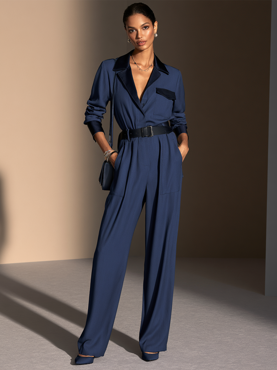Women's Contrast Lapel Commuter Wide-Leg Jumpsuit (Belt Not Included) MDZ0125I1GMJ