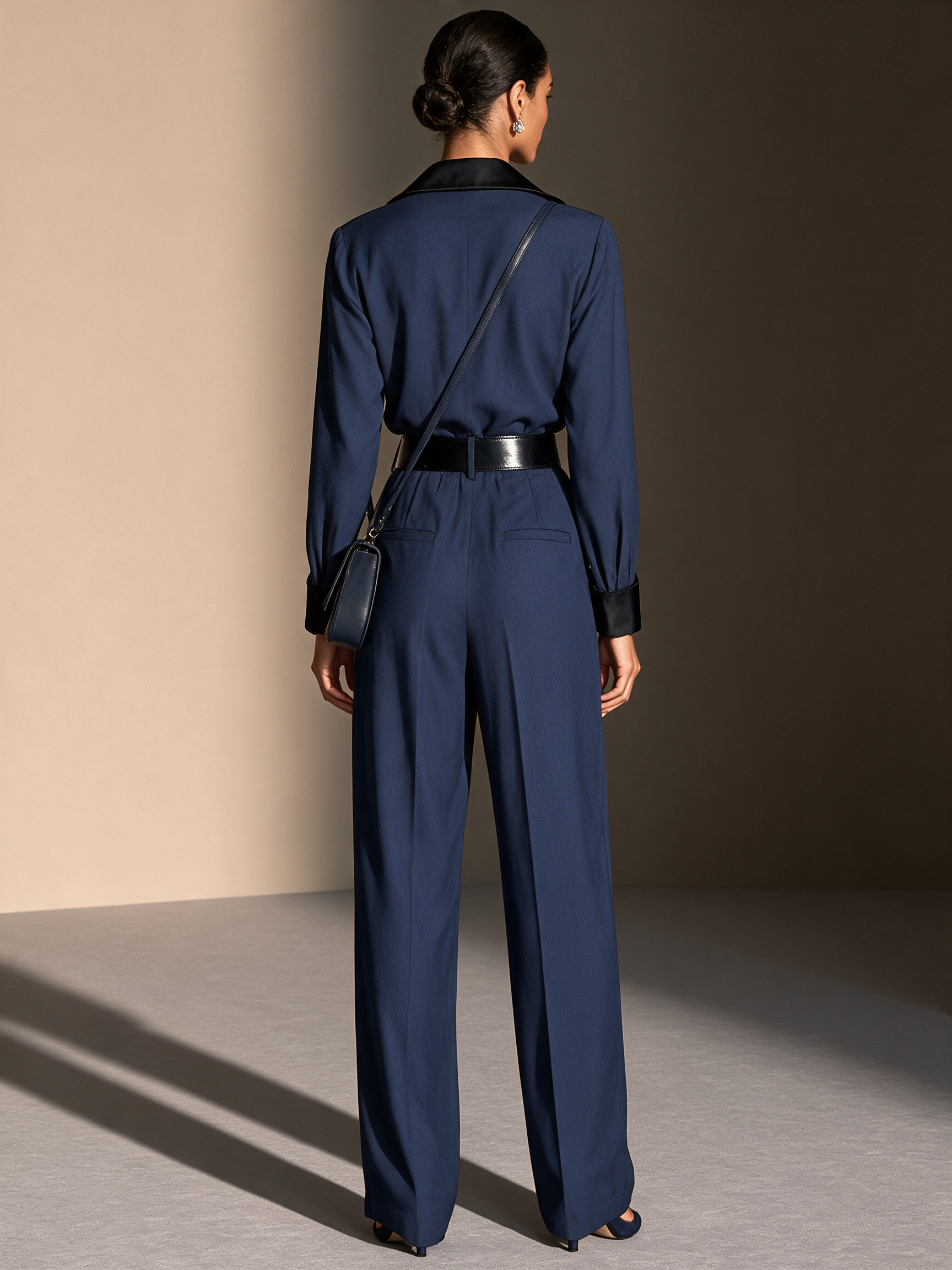 Women's Contrast Lapel Commuter Wide-Leg Jumpsuit (Belt Not Included) MDZ0125I1GMJ