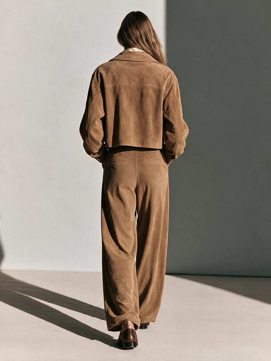 Women's Collared Single-Breasted Drop-Shoulder Long-Sleeve Cropped Jacket And High-Waisted Wide-Leg Pants Set MDZ0202I9CMX