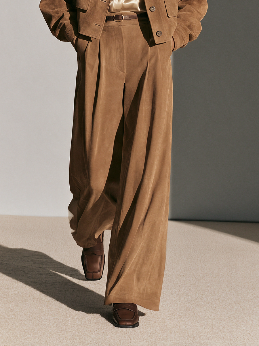 Women's Collared Single-Breasted Drop-Shoulder Long-Sleeve Cropped Jacket And High-Waisted Wide-Leg Pants Set MDZ0202I9CMX